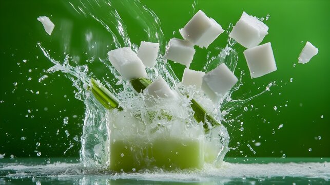 Vibrant Splash of Tropical Buko Pandan Dessert with Flying Coconut Milk and Jelly Cubes