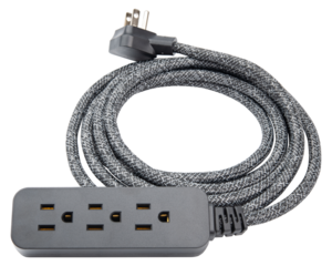 Grey extension cord. Three plug power strip. Isolated on white background. American electricity with multiple outlets. Black single wire cord for house hold. Energy for technology equipment cable.