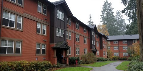 A peaceful residential community featuring traditional architecture with red-brick buildings surrounded by lush greenery and mature trees, showcasing an inviting neighborhood ambiance