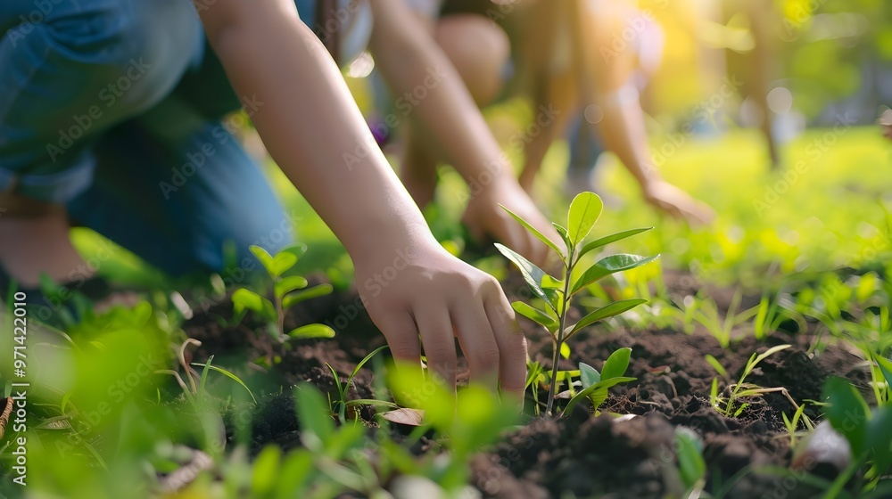 Wall mural Family Planting Trees in Community Park Eco Friendly Lifestyle Concept