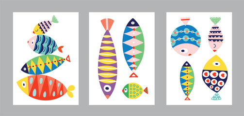 Interior poster with fish. Cute set. Vector illustration