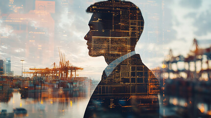 Double exposure Businessman employs machine learning algorithms to predict potential disruptions in the supply chain.