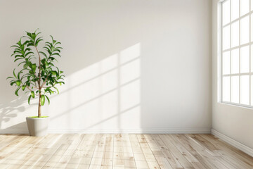 Fototapeta premium A bright room with light wood flooring, white walls, and a window with natural sunlight.