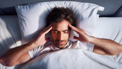 uomo signore a letto con il mal di testa 