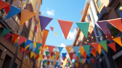 Colorful flags on building