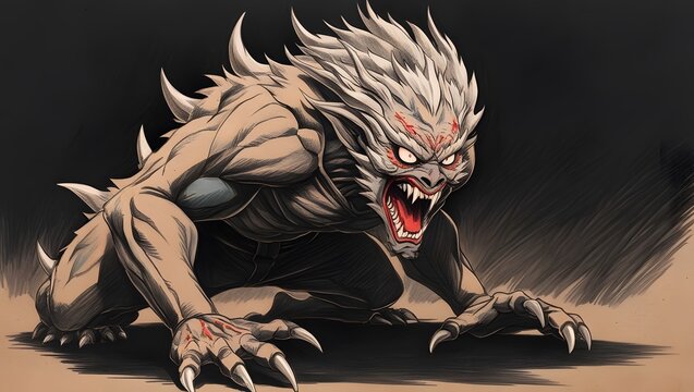 A terrifying Scary creature from Japanese folklore, drawn in a detailed anime style. Use dark backgrounds and dramatic lighting perfect for Halloween