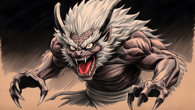 A terrifying Scary creature from Japanese folklore, drawn in a detailed anime style. Use dark backgrounds and dramatic lighting perfect for Halloween
