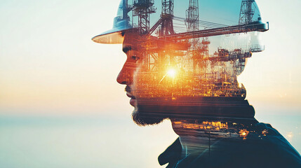 Double exposure Engineer hardhat develops AI-driven predictive maintenance systems for international shipping vessels.