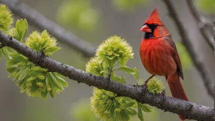 A vibrant red cardinal perched on a branch with green blossoms.