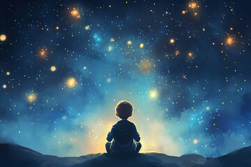 Fototapeta premium A child gazes at a starry sky, evoking wonder and curiosity about the universe.