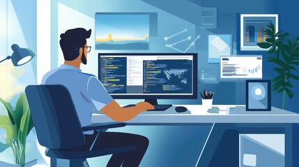 A programmer sits in front of three computer monitors, working on code. He is focused on his work and the only light in the room is coming from the screens.