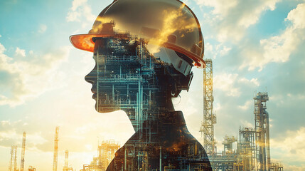 Double exposure Engineer hardhat integrates cloud-based platforms for global coordination of supply chain activities.