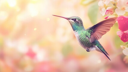 Fototapeta premium Vibrant hummingbird hovers near flowers in soft sunlight