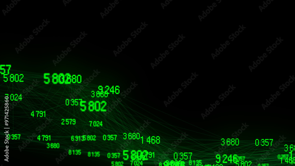 Poster Block chain technology concept. Big data visualization. Artificial intelligence. Green network connection structure. Abstract digital background with matrix. 3d rendering.