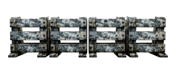 Weathered grey barricades in a row, isolated on transparent background.