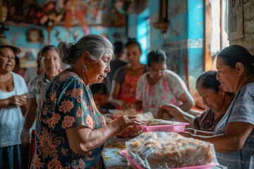 Women from Mexico collaborating in a community kitchen to prepare traditional meals during a communal gathering