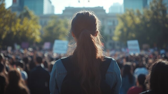Back view of a woman standing in the crowd of the rally