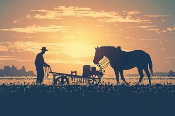 Farmer with horse at sunset field