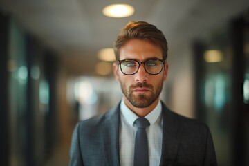 Fototapeta premium Confident businessman in a suit with glasses standing in a modern office hallway during the day