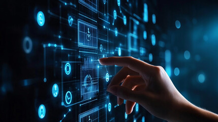 Hand touch visual screen to access AI-driven recruitment tools for HR analytics.