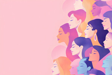 Obraz premium A vibrant illustration of diverse women's profiles against a soft pink background.