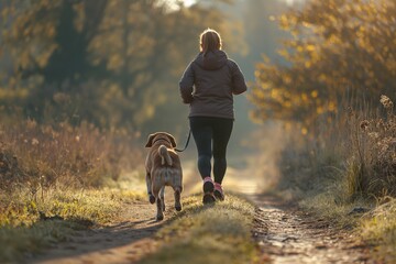 Fototapeta premium A woman and her dog enjoying a peaceful run together on a sunny autumn afternoon in the woods