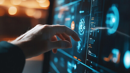 Fototapeta premium Hand touch visual screen to oversee talent acquisition strategies using AI-powered tools.