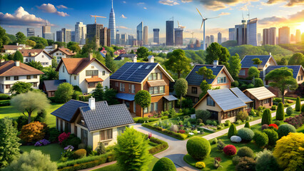 Colorful urban scene showcasing sustainability, with wind turbines and green spaces.