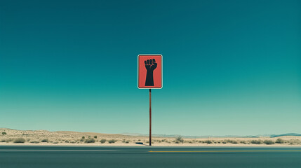 Human Rights Day, December 10th - Protest fist signpost in a desert landscape symbolizing strength and resistance