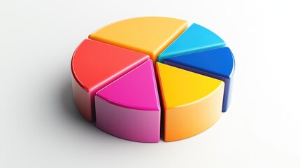 Obraz premium A colorful 3D pie chart with multiple segments, each section raised slightly to emphasize data distribution, set against a clean white background.