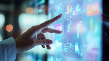 Hand touch visual screen to review training and development programs in HR platform.