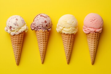 Ice cream cones with various flavors on a yellow background