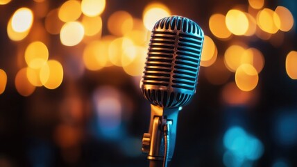 Vintage microphone with bokeh background of warm lights, set for performance or recording