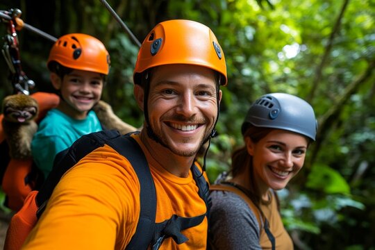 A family exploring the jungles of Costa Rica, zip-lining through the treetops and spotting monkeys, sloths, and exotic birds
