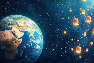 Planet Earth illuminated by diyas and floating lanterns, celebrating Diwali as a global festival of light and unity, with bright sparks of joy lighting up the world