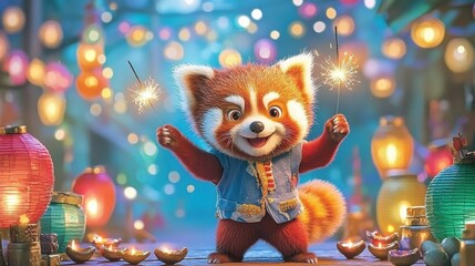 Fototapeta premium Playful red pandas holding sparklers in their paws, surrounded by colorful Diwali lanterns Their festive attire adds charm to the celebration of lights