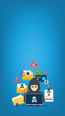 Hacker with laptop computer stealing confidential data, personal information and credit card detail. Hacking concept.	