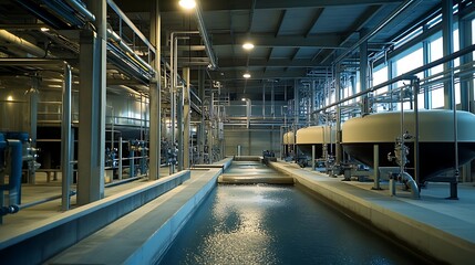 Overflow control systems and large filtration tanks in a wastewater treatment plant, emphasizing the infrastructure for water management