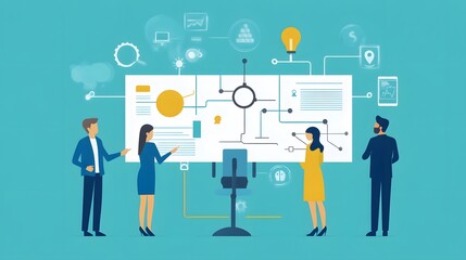 Businesspeople Discussing a Diagram with Connected Icons