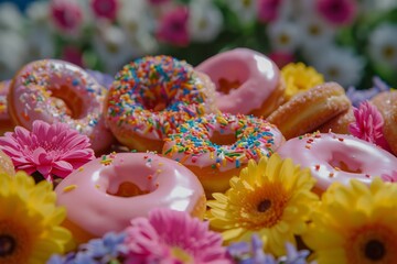 Sweet Donuts Surrounded by Colorful Flowers