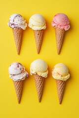 Ice cream cones with various flavors on a yellow background