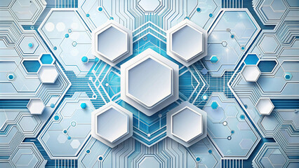 A modern circuit board design featuring hexagonal shapes and blue color scheme, creating tech inspired aesthetic. layout suggests connectivity and innovation