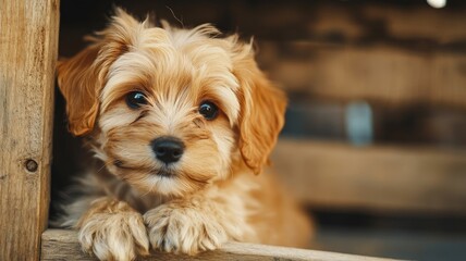 Adorable brown puppy with curly fur looks curiously from wooden structure