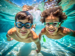 Naklejka premium happy smiling kids swimming on pool underwater, childrens in summer vacation holiday
