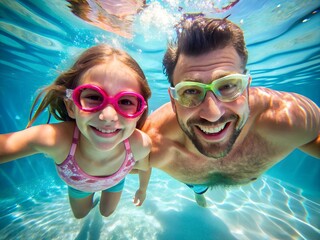 parent and child in the pool swim underwater