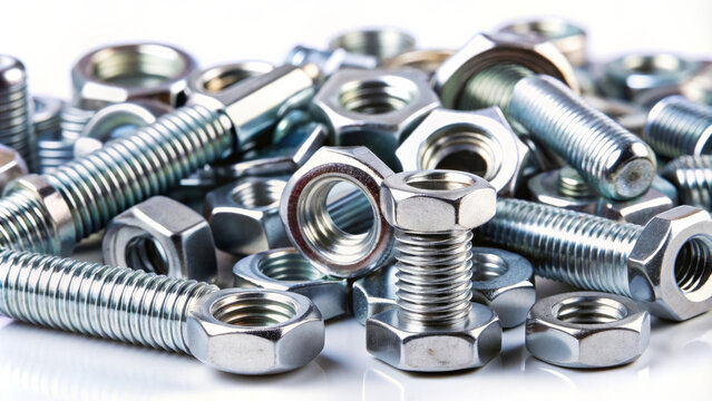 Nuts and bolts are scattered on white background, showcasing their metallic shine and various shapes. This image captures essence of hardware components, perfect for industrial themes