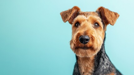 An Airedale terrier on a light blue background, copy space
