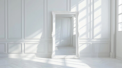 A white mirror in a white Empire-style empty interior, like a studio.
