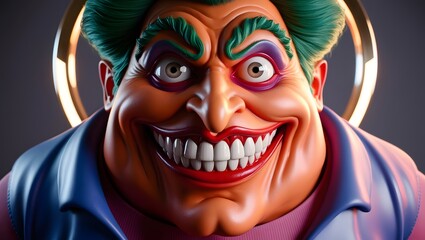 A cartoonish but sinister and Scary character, with exaggerated features and a grotesque smile. Use bold colors and a playful yet unsettling tone perfect for Halloween