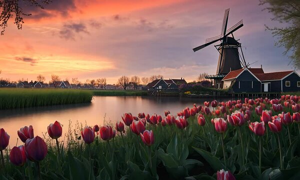 view of river flowers and windmills in the countryside
